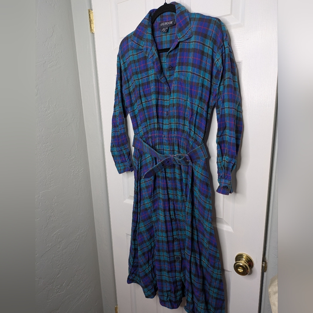 Vintage 80s Tartan Plaid JG Hook Maxi Dress Natural Fibers Size 12 Petite